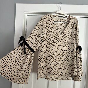 Halogen Bell Sleeve Velvet Tie Top, Ivory-Black Brush Dot Print, Size Small